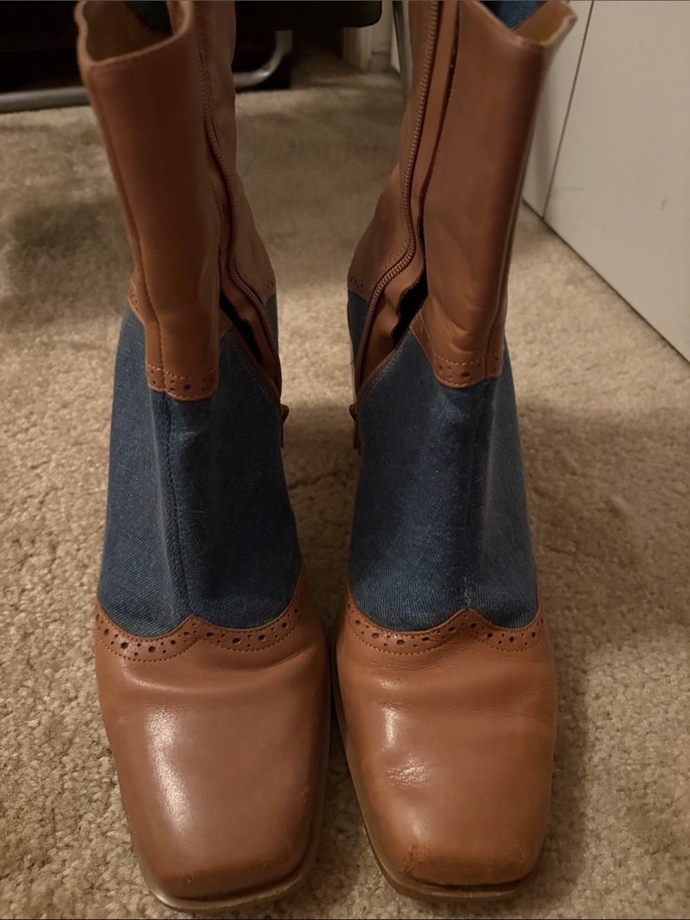 Tan Leather and Blue Fabric Ankle Boots - Stylish Mixed-Material